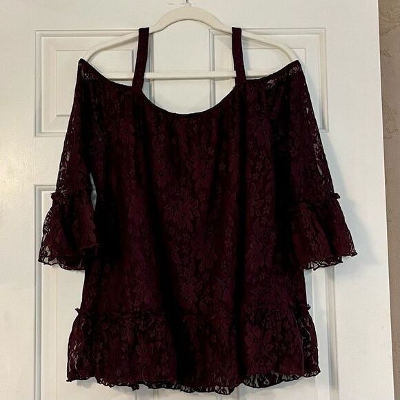 Lane Bryant Purple Lace Cold Shoulder Flare Blouse 18/20 - Picture 3 of 11